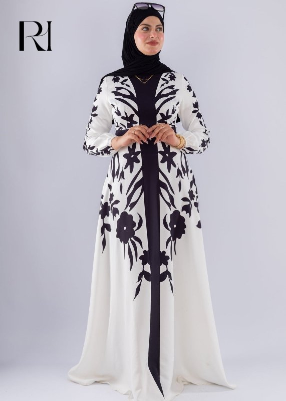 Samar Black & White Floral Modesty Dress - Ruehaya