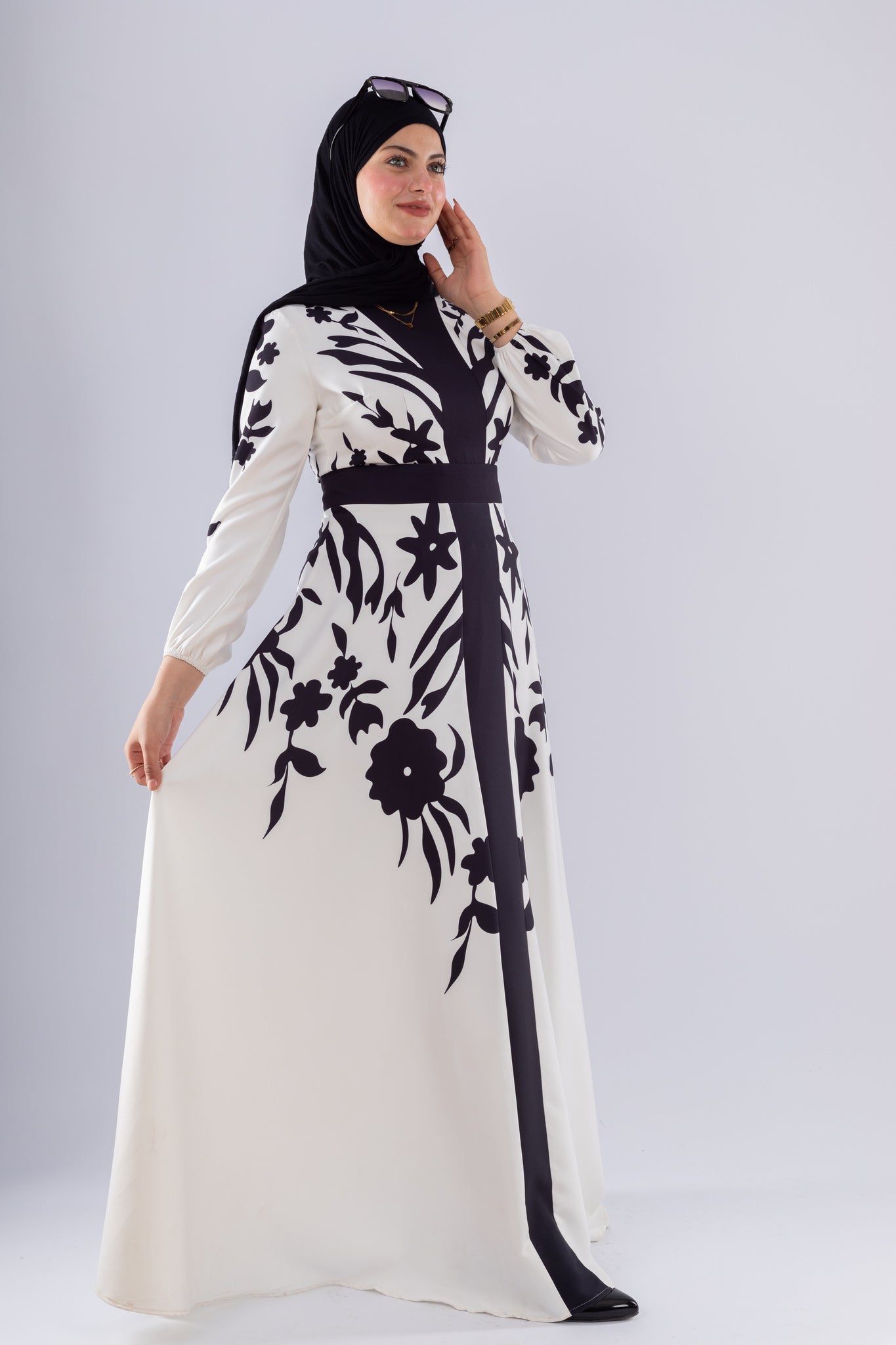 Samar Black & White Floral Modesty Dress - Ruehaya