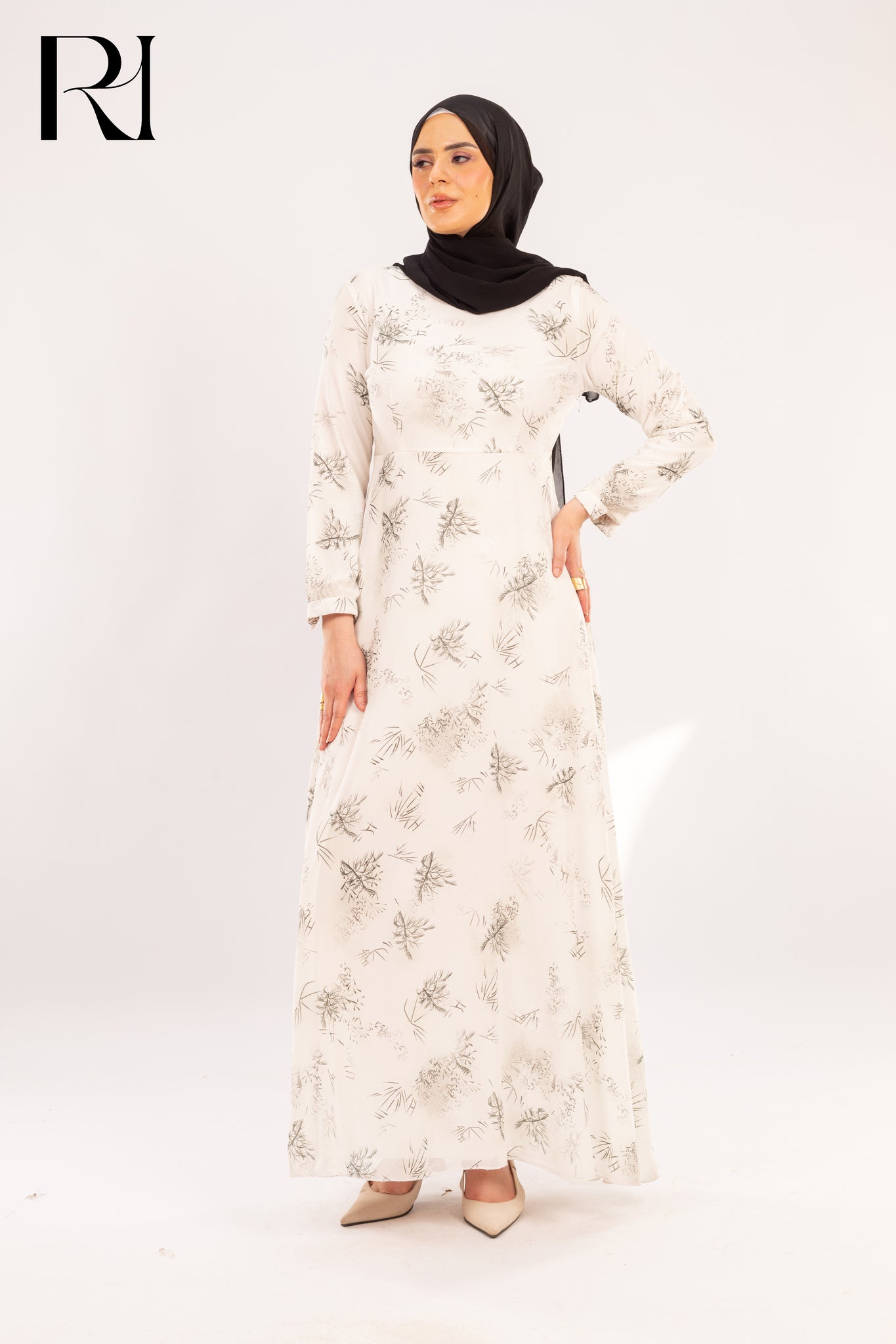 Sara white floral chiffon maxi modest dress - Ruehaya