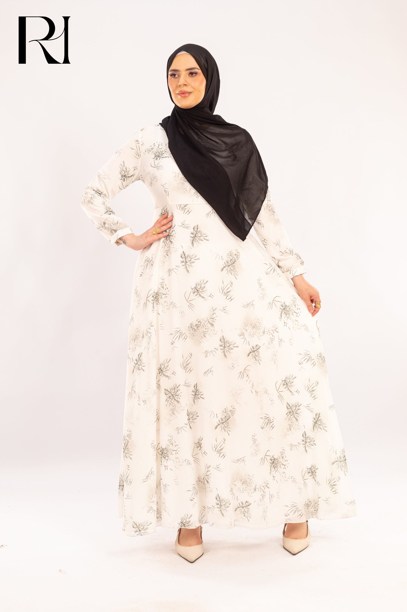 Sara white floral chiffon maxi modest dress - Ruehaya