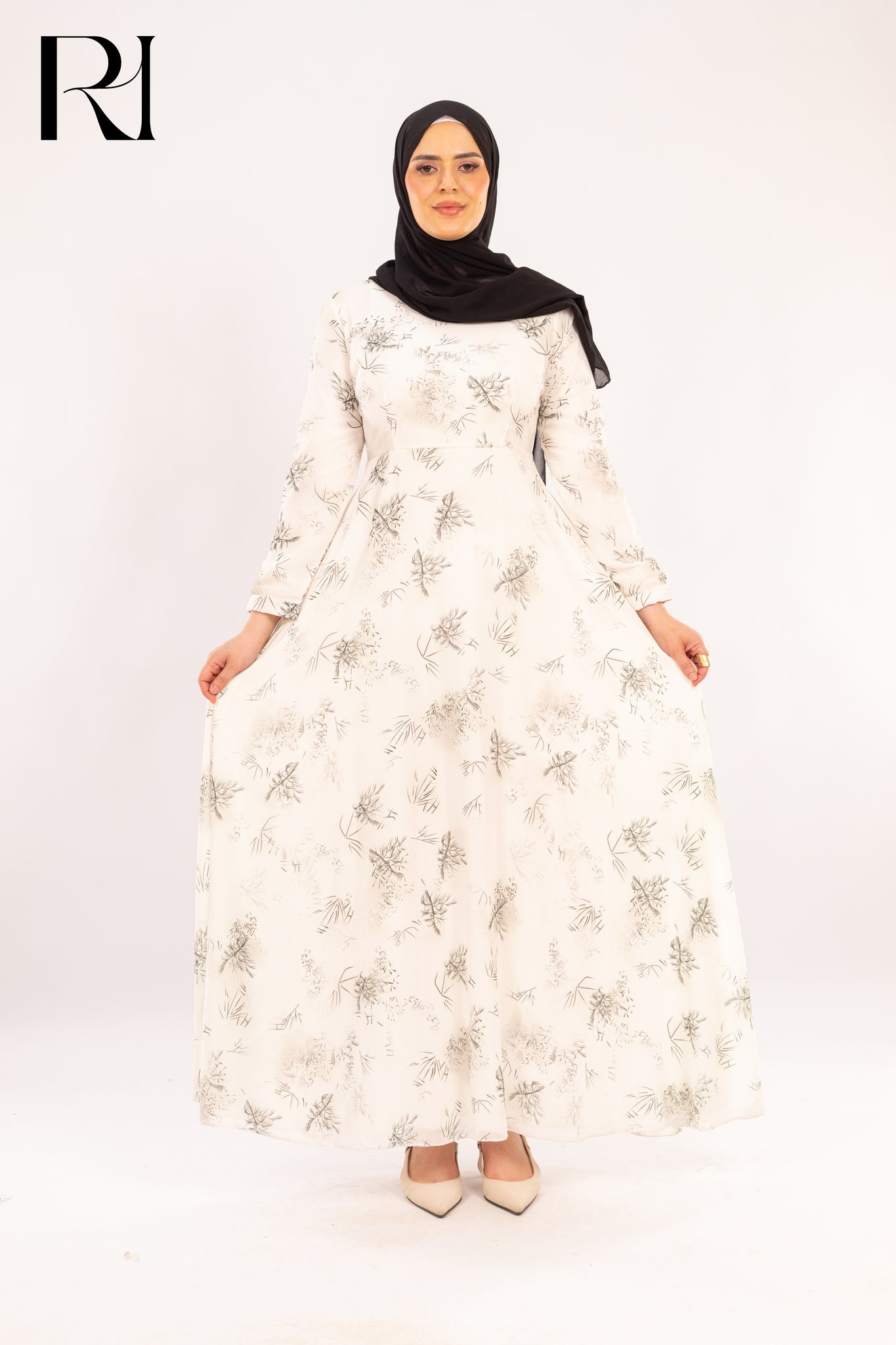 Sara white floral chiffon maxi modest dress - Ruehaya