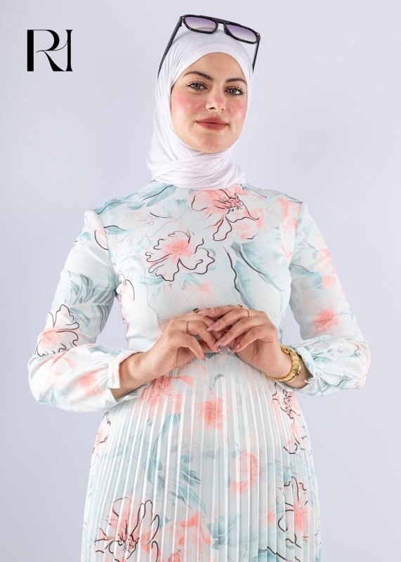 Sereen Elegant White Floral Pleated Modesty Dress - Ruehaya