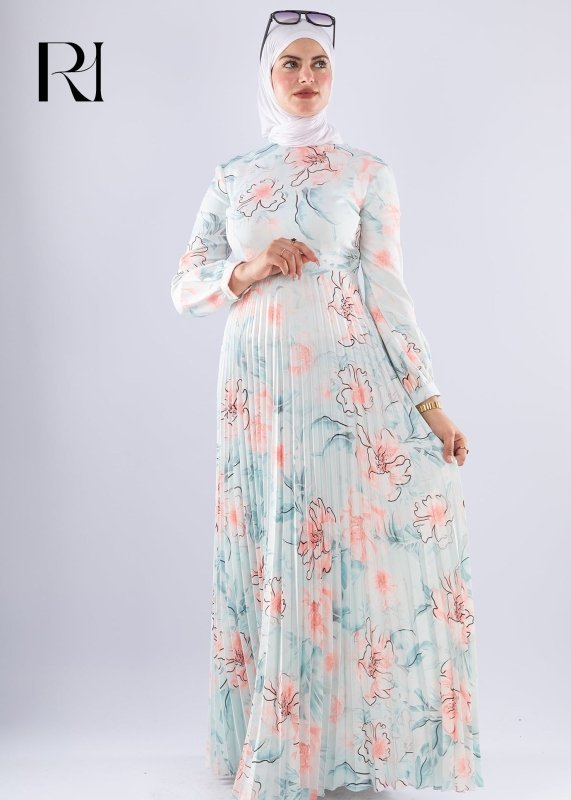 Sereen Elegant White Floral Pleated Modesty Dress - Ruehaya