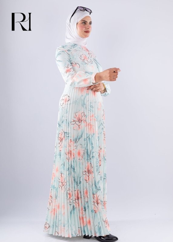 Sereen Elegant White Floral Pleated Modesty Dress - Ruehaya