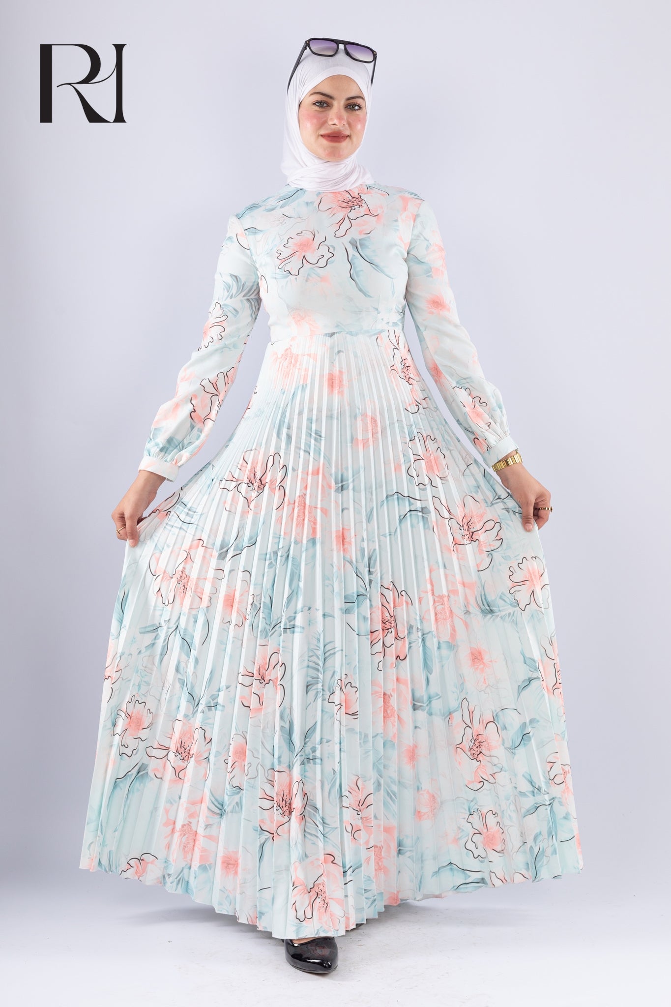 Sereen Elegant White Floral Pleated Modesty Dress - Ruehaya