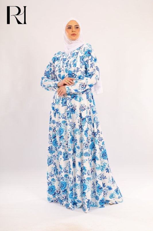 Shahd Blue Floral Chiffon Maxi Modest Dress - Ruehaya