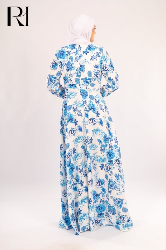 Shahd Blue Floral Chiffon Maxi Modest Dress - Ruehaya