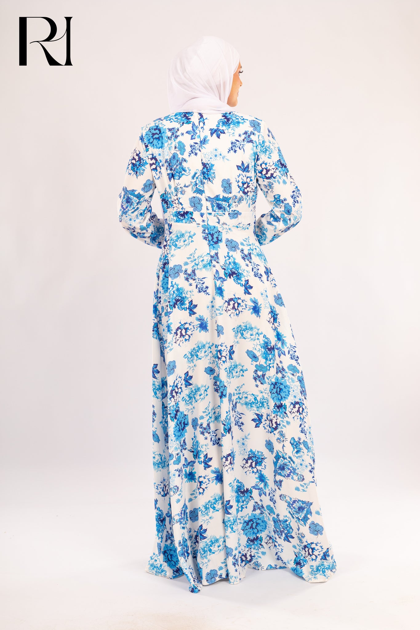 Shahd Blue Floral Chiffon Maxi Modest Dress - Ruehaya