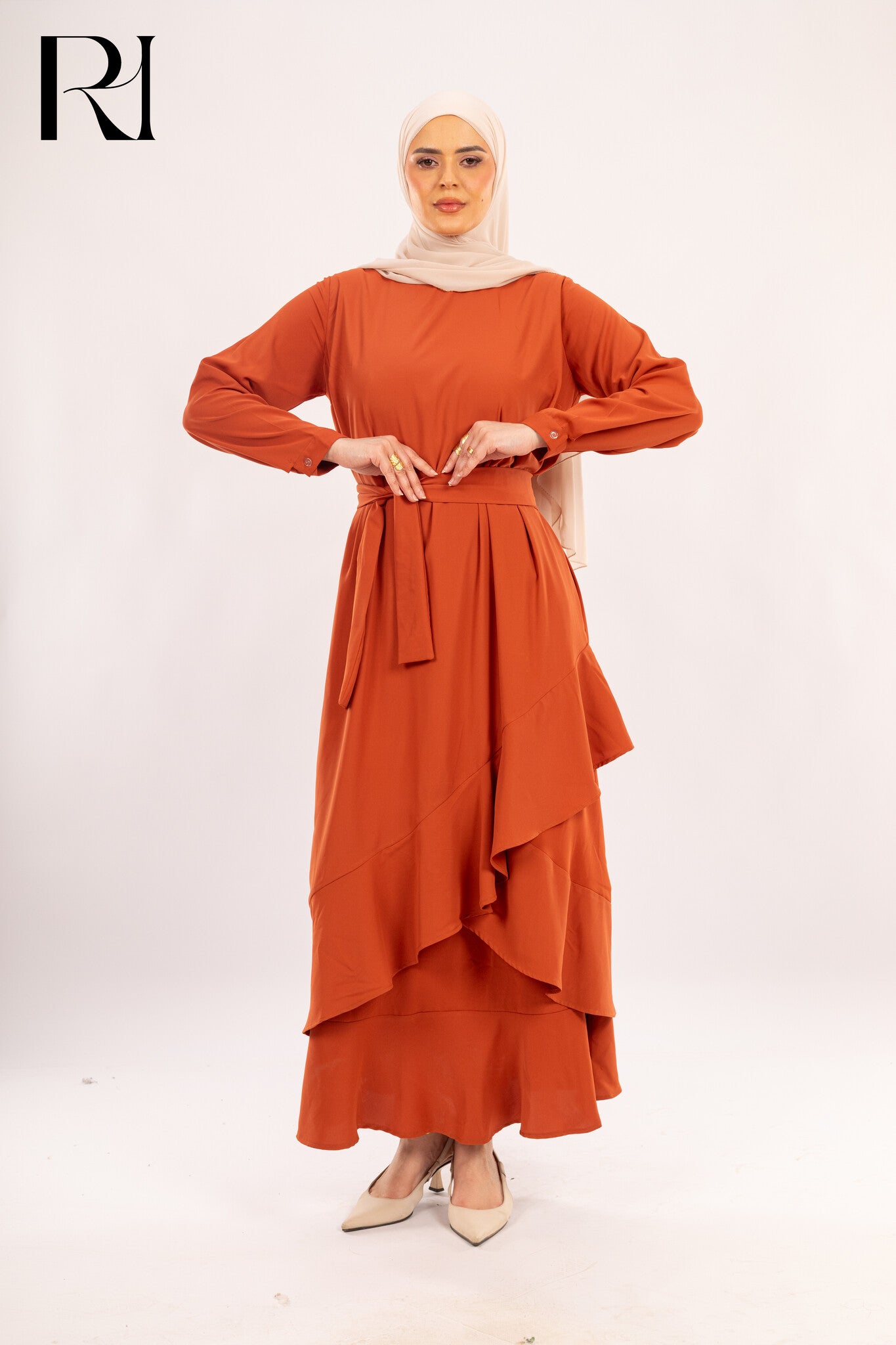 Sienna Terracotta Asymmetrical Ruffle Dress - Ruehaya