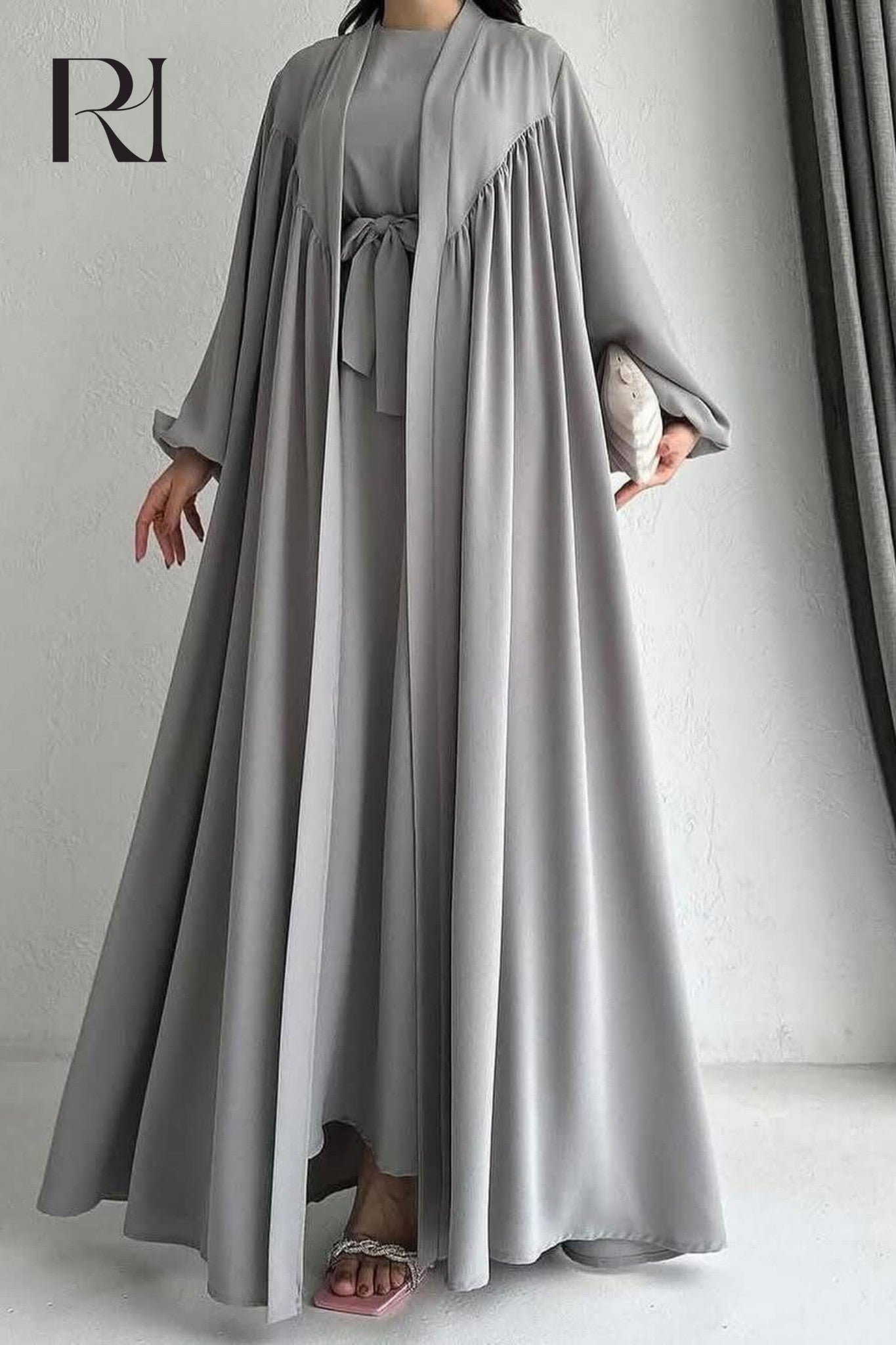 silver abaya dress Yusra Flowy Lightweight Silk Abaya Set