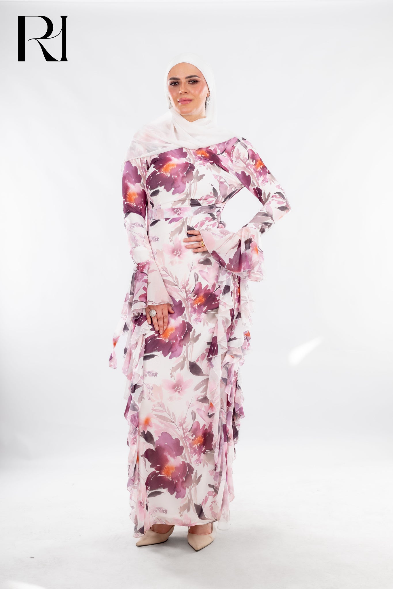 Soft Pastel Floral Maxi Dress with Ruffle Elegance - Ruehaya