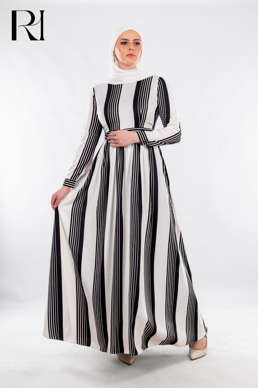 Striped Black & White Modest Maxi Dress with Sleek Poise - Ruehaya