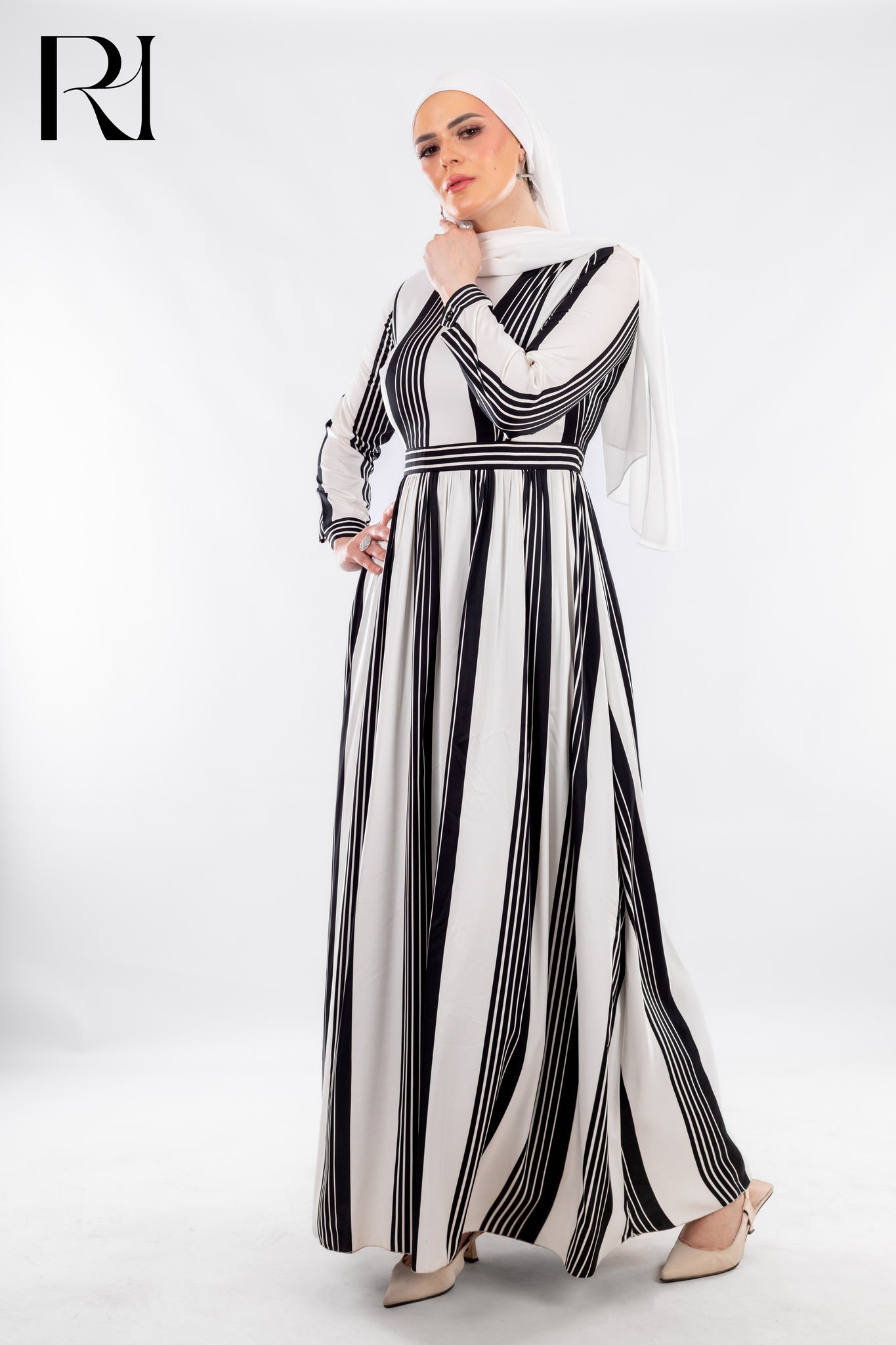 Striped Black & White Modest Maxi Dress with Sleek Poise - Ruehaya