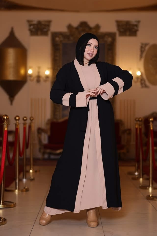 Stylish Black & Beige Abaya with Belted Waist - Ruehaya