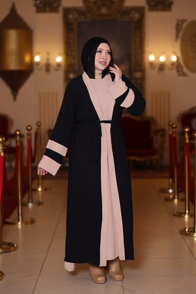 Stylish Black & Beige Abaya with Belted Waist - Ruehaya