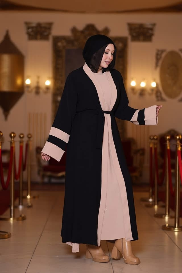 Stylish Black & Beige Abaya with Belted Waist - Ruehaya