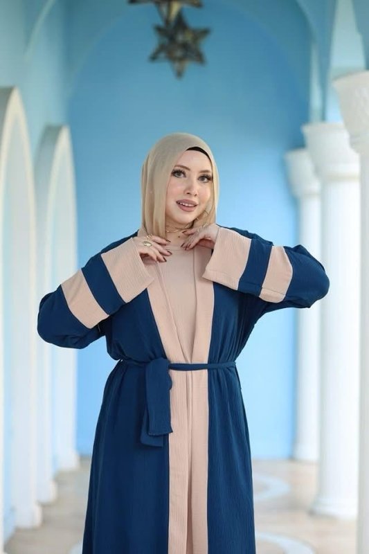 Stylish Blue & Beige Abaya with Belted Waist - Ruehaya