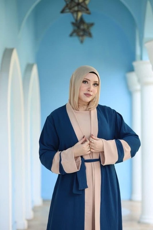 Stylish Blue & Beige Abaya with Belted Waist - Ruehaya