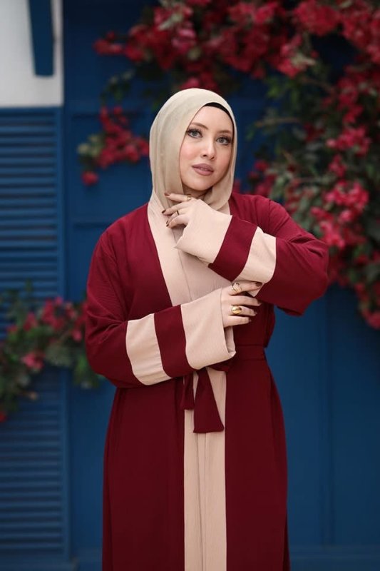 Stylish Burgundy & Beige Contrast Abaya with Belted Waist - Ruehaya