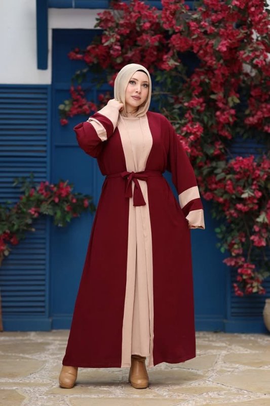 Stylish Burgundy & Beige Contrast Abaya with Belted Waist - Ruehaya