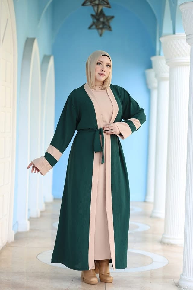 Stylish Green & Beige Abaya with Belted Waist - Ruehaya