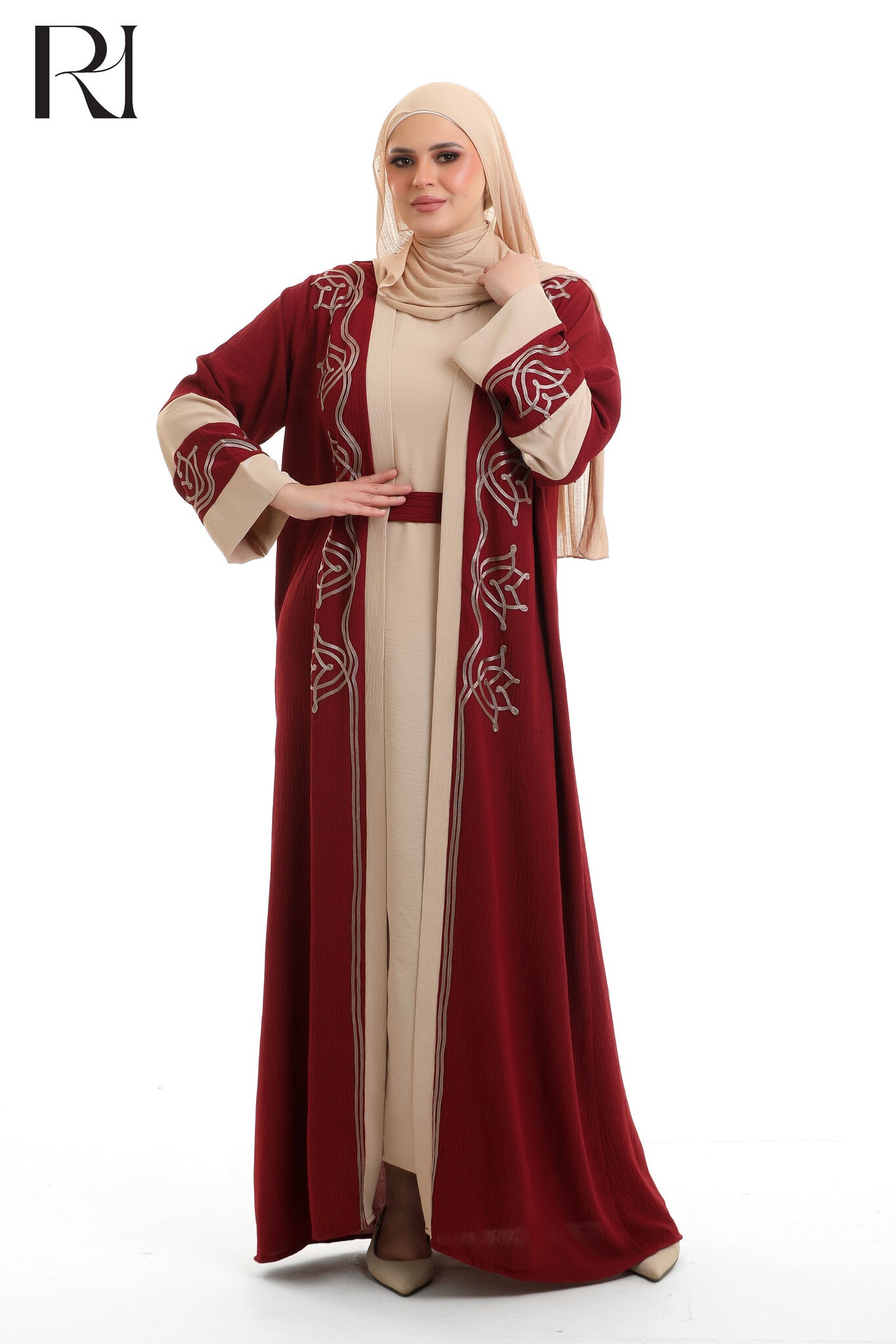 Samira Embroidered Crepe Abaya Set - Spiced Red