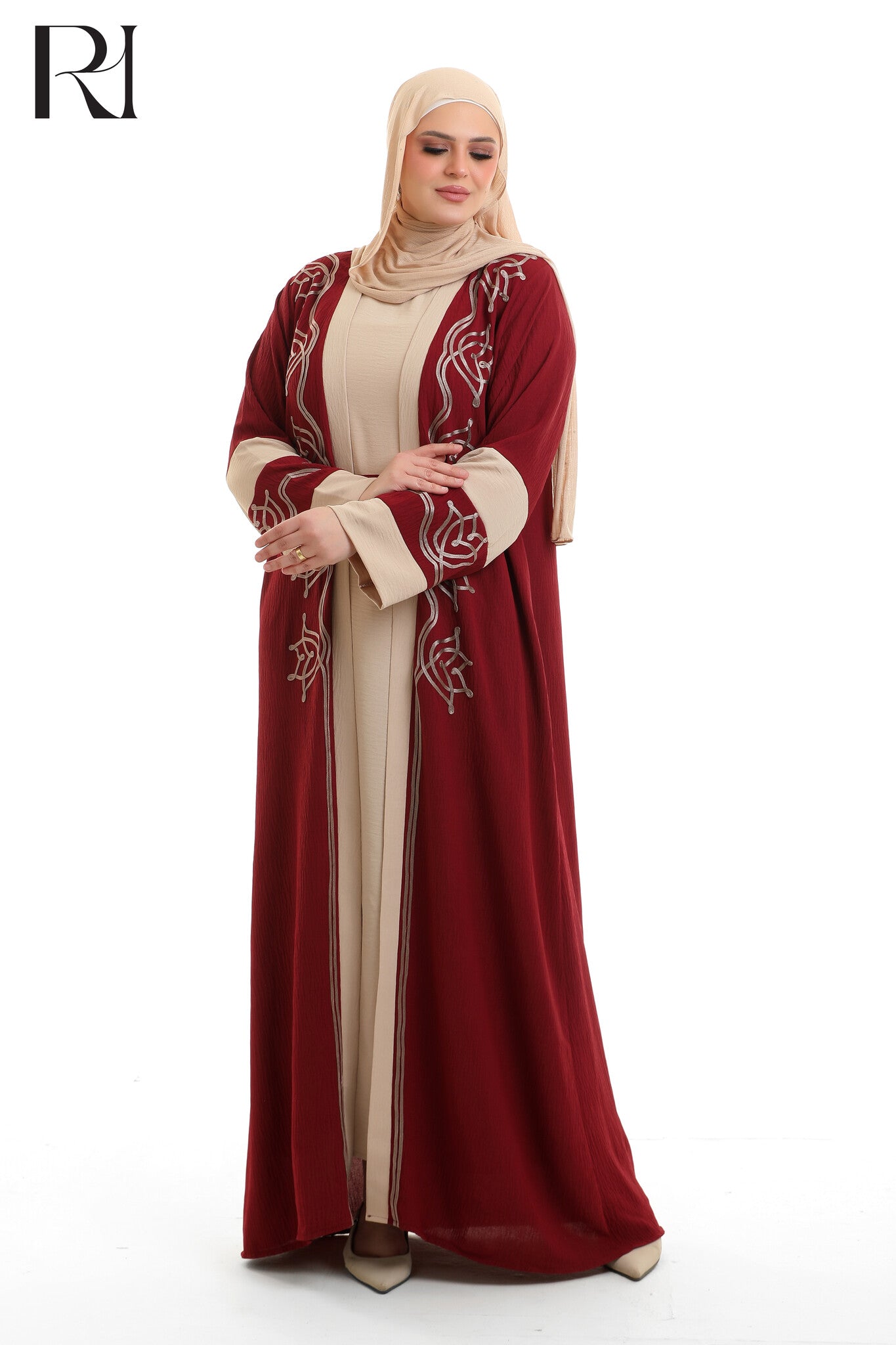 Samira Embroidered Crepe Abaya Set - Spiced Red