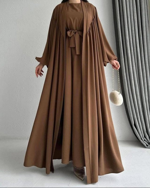 Timeless Chocolate Brown Flowy Abaya Set - Ruehaya