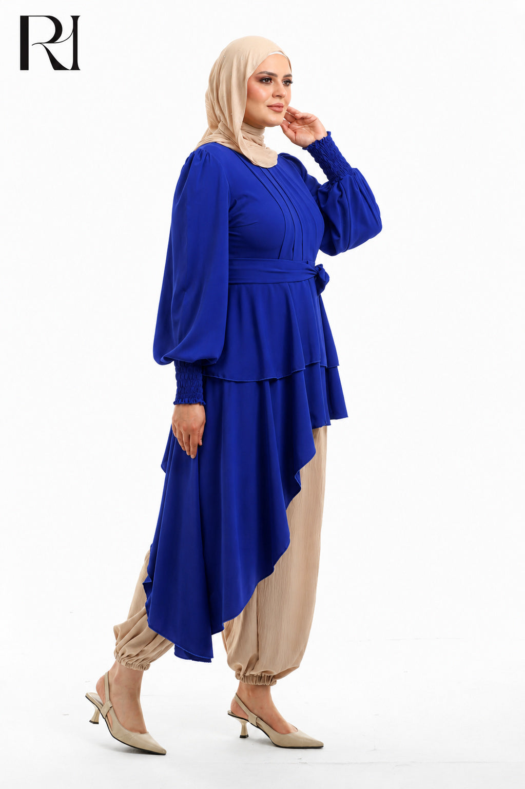 Alya Contrast Linen Silk Two Piece Set - Blue & Beige