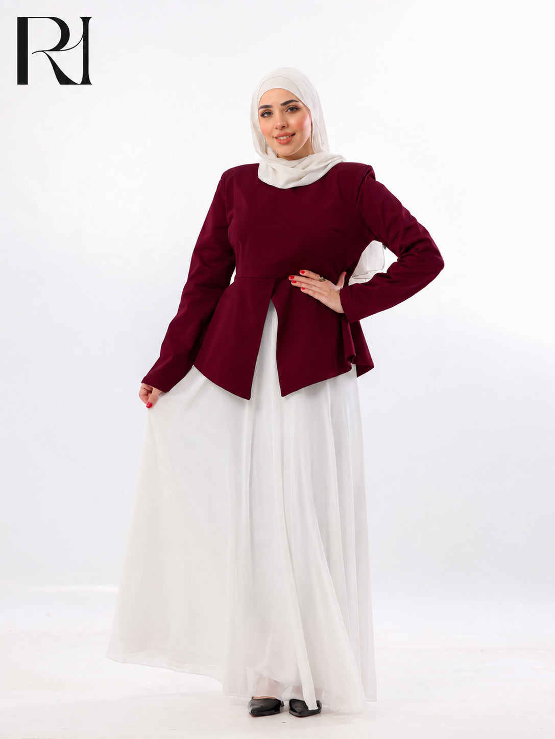 Lina Peplum Modest Two Piece Set – Burgundy & White