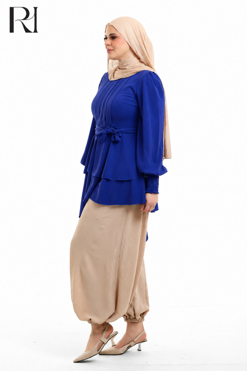 Nyla Drape Linen Blend Modest Top - Blue