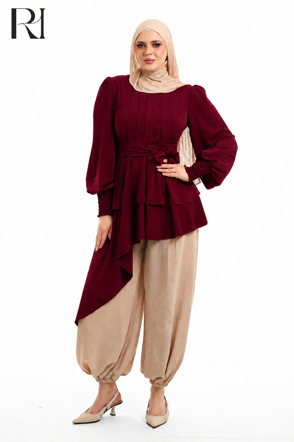 Nyla Drape Linen Blend Modest Top - Burgundy