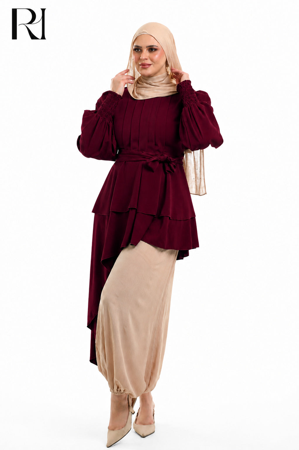 Alya Contrast Linen Silk Two Piece Set - Bugundy & Beige