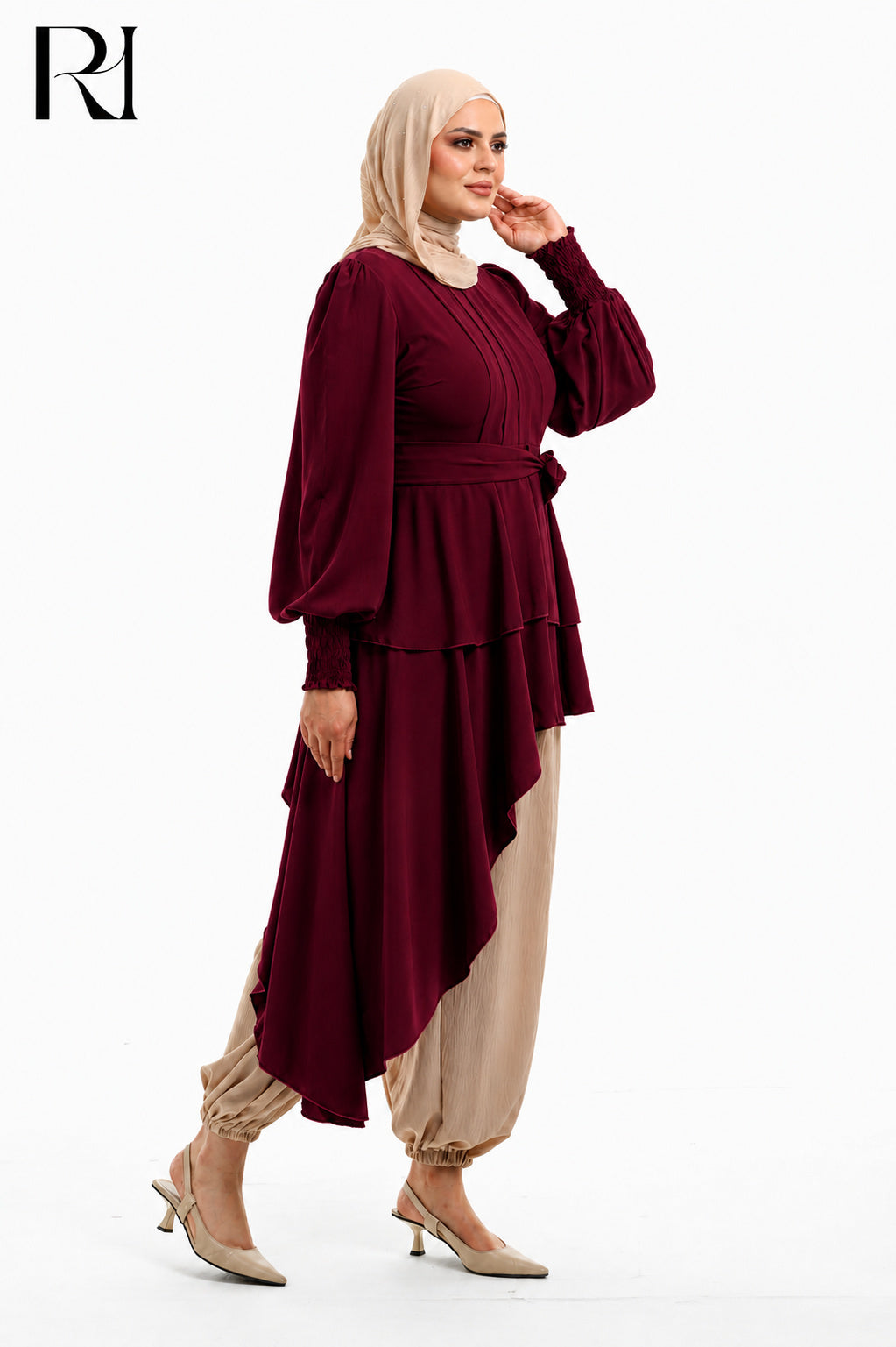 Alya Contrast Linen Silk Two Piece Set - Bugundy & Beige