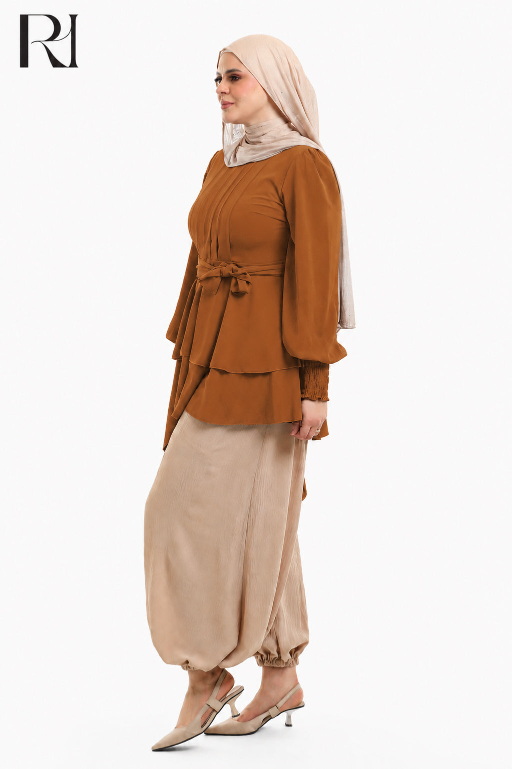 Nyla Drape Linen Blend Modest Top - Burnt Orange