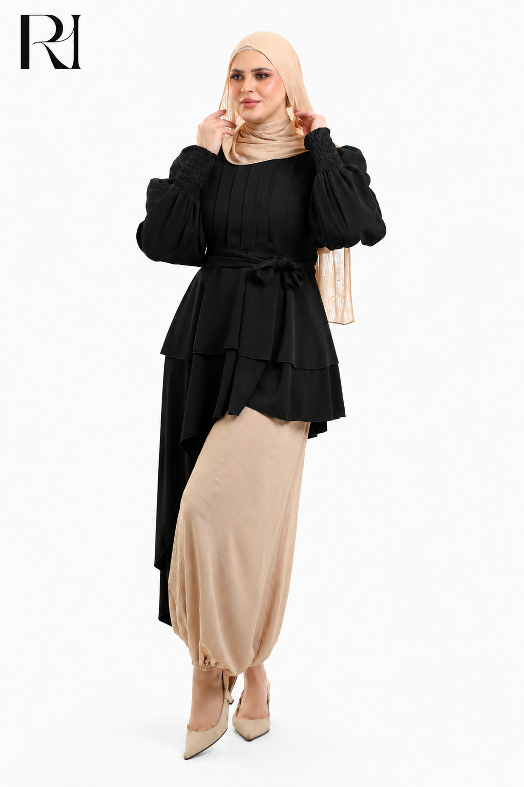 Nyla Drape Linen Blend Modest Top - Black