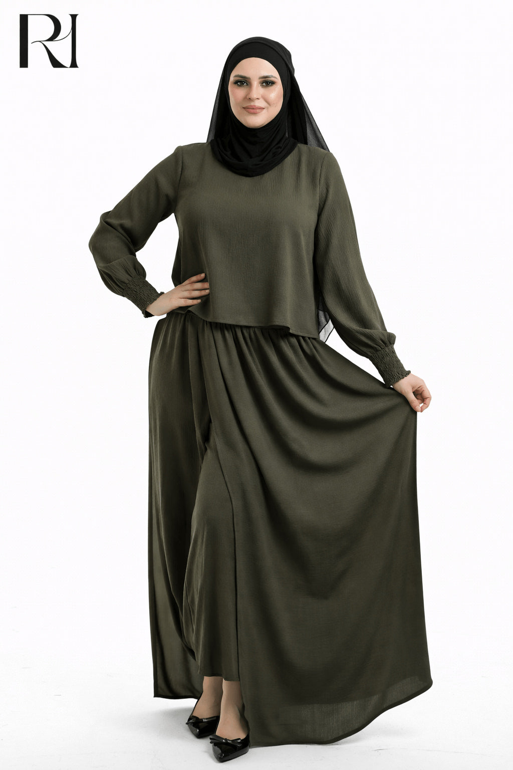olive green two piece dress Salma Linen Blend Set Lace Knee Length Navy Color:Brown Camo Elegant two Pants Size 31x26