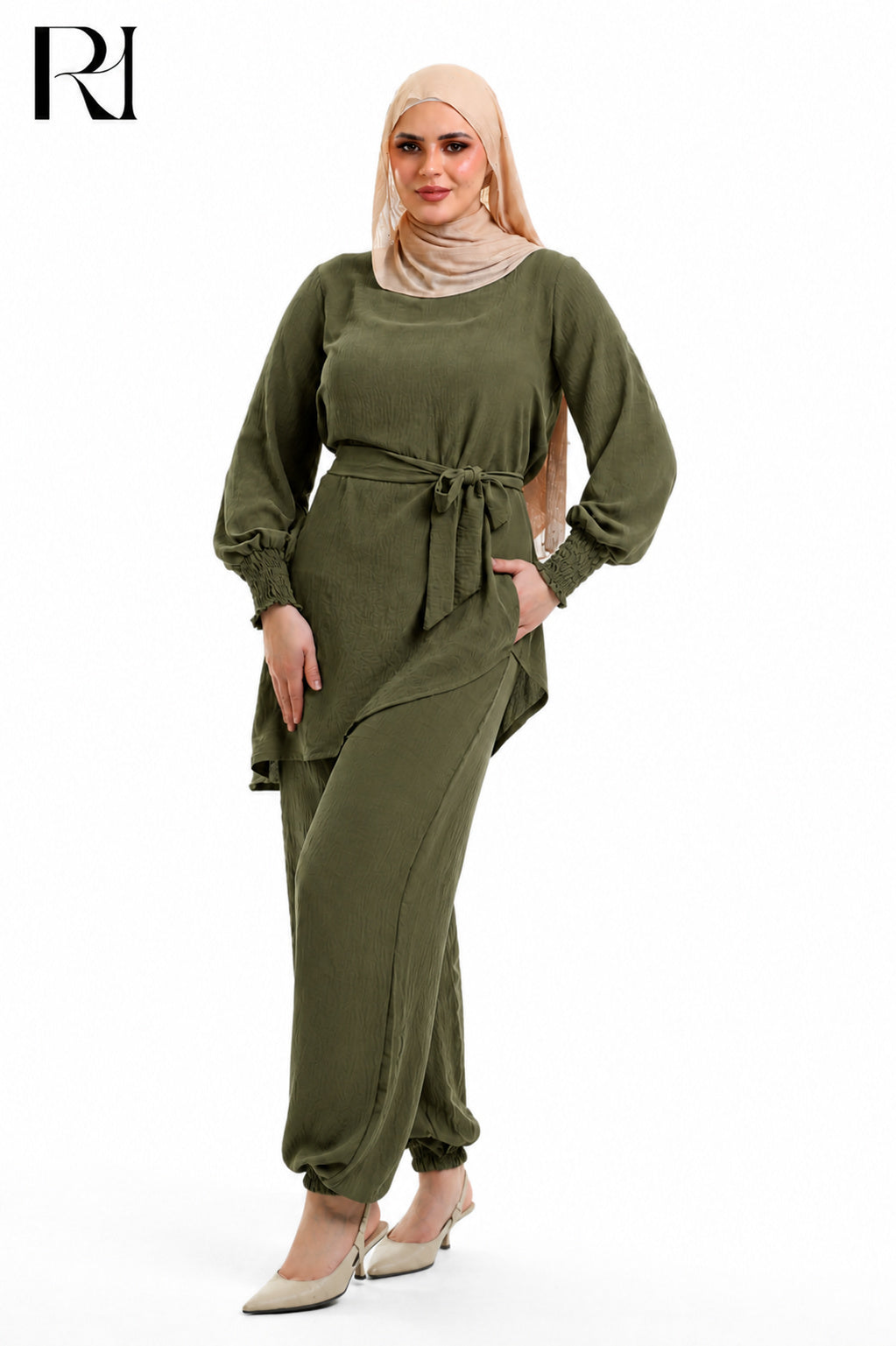 Amal Grace Linen Blend Two Piece Set - Olive Green