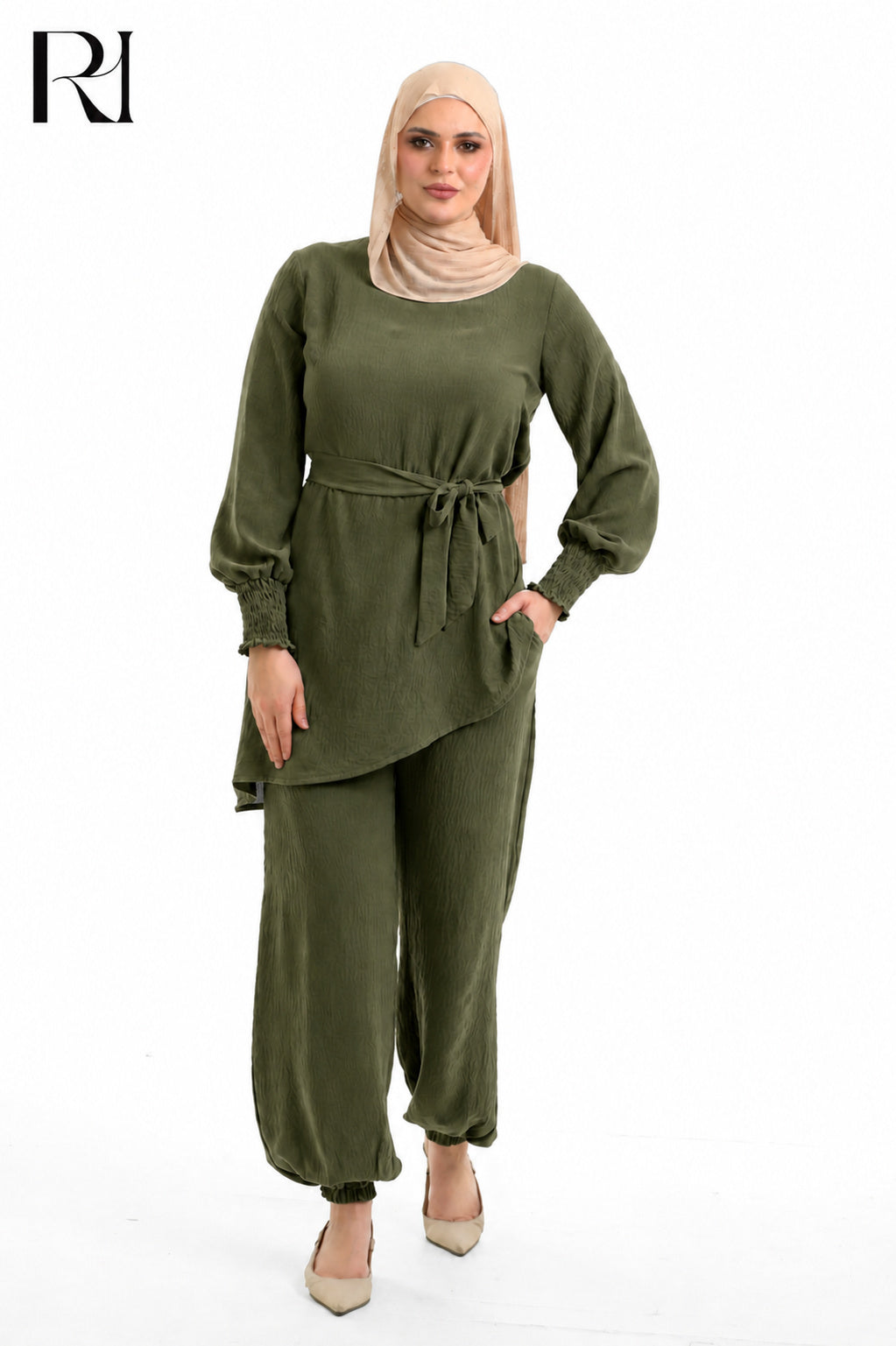Amal Grace Linen Blend Two Piece Set - Olive Green