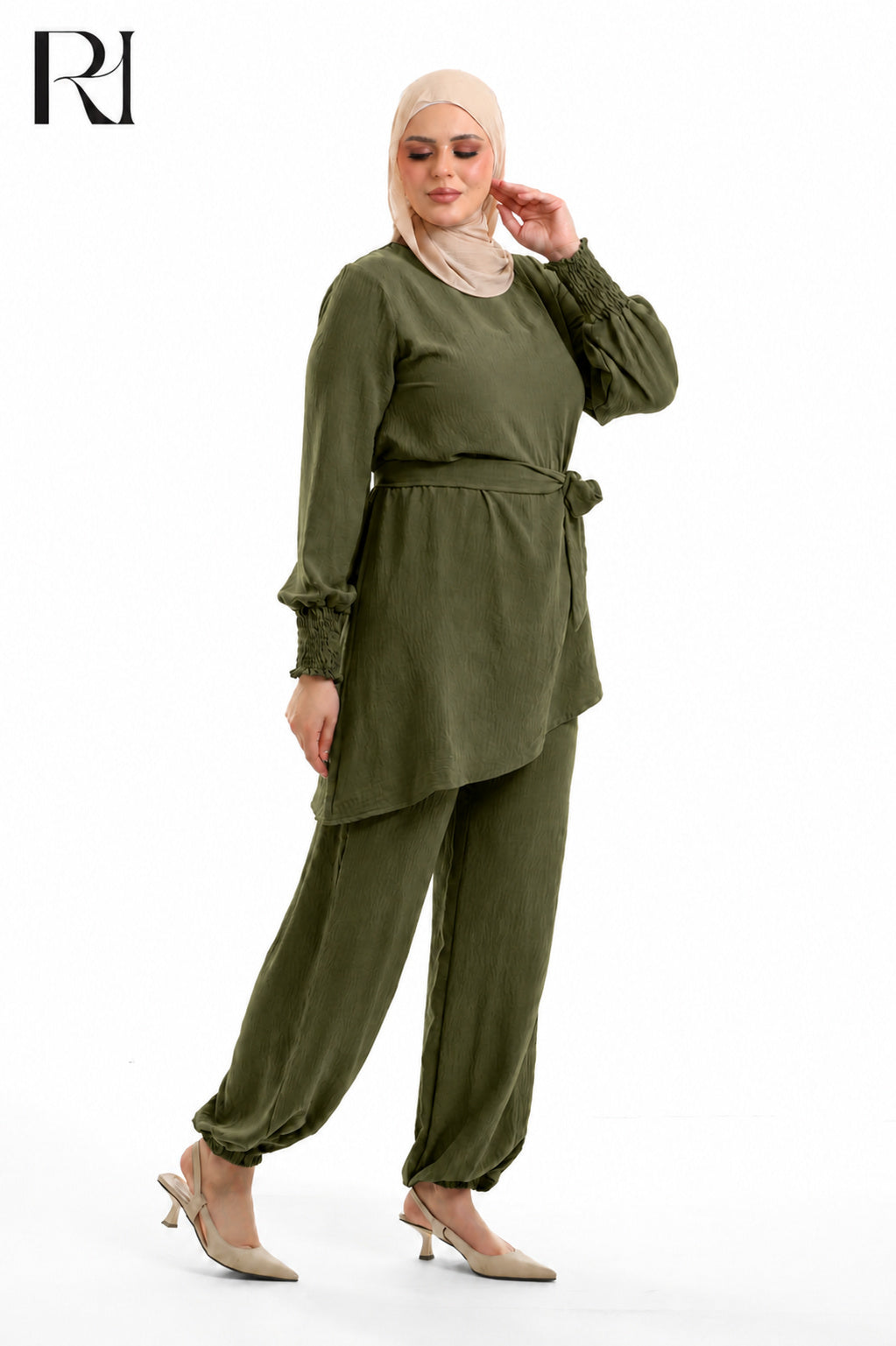 Amal Grace Linen Blend Two Piece Set - Olive Green