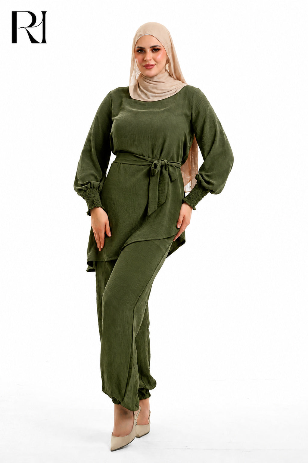 Amal Grace Linen Blend Two Piece Set - Olive Green