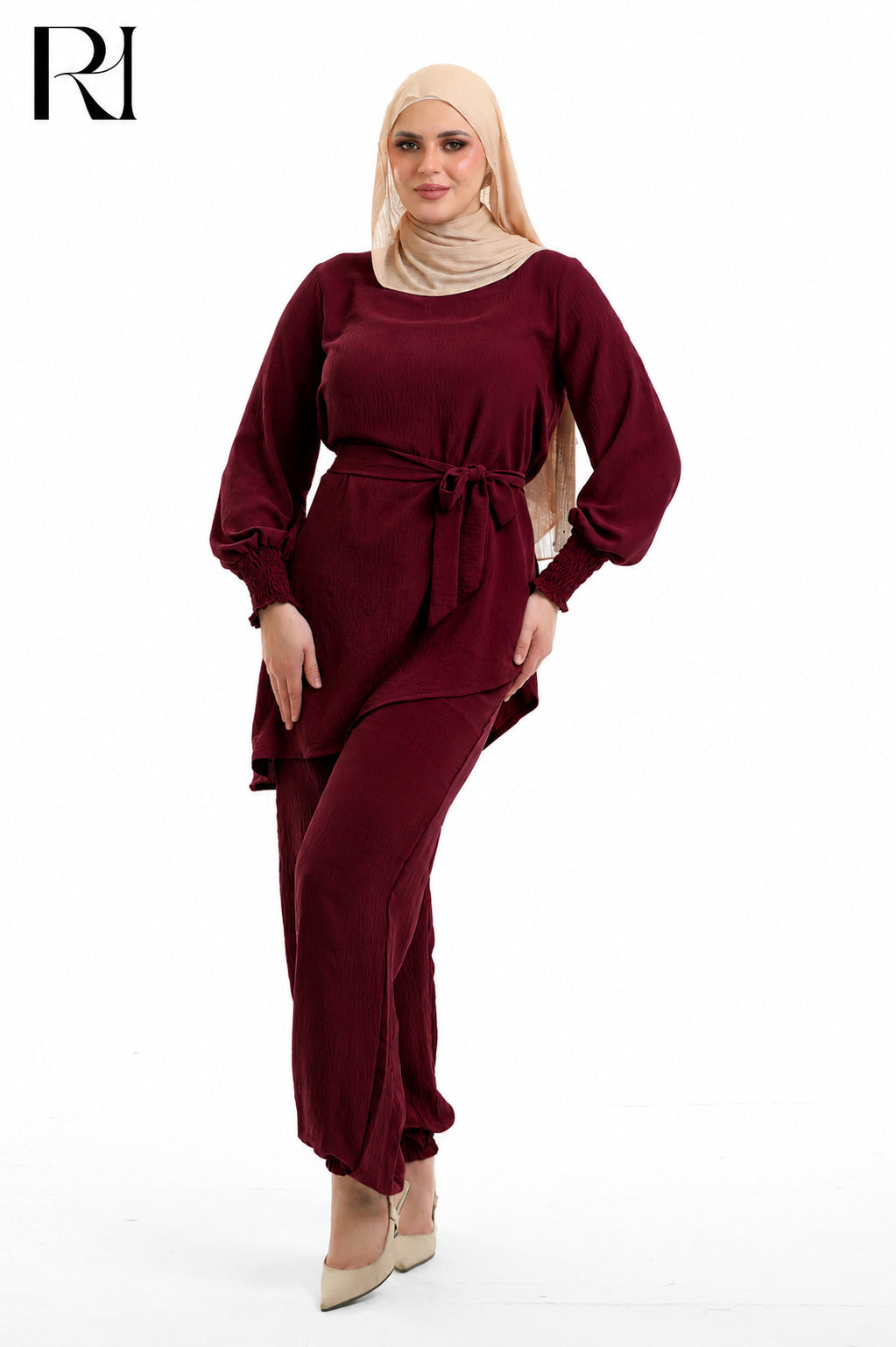 Amal Grace Linen Blend Two Piece Set - Burgundy