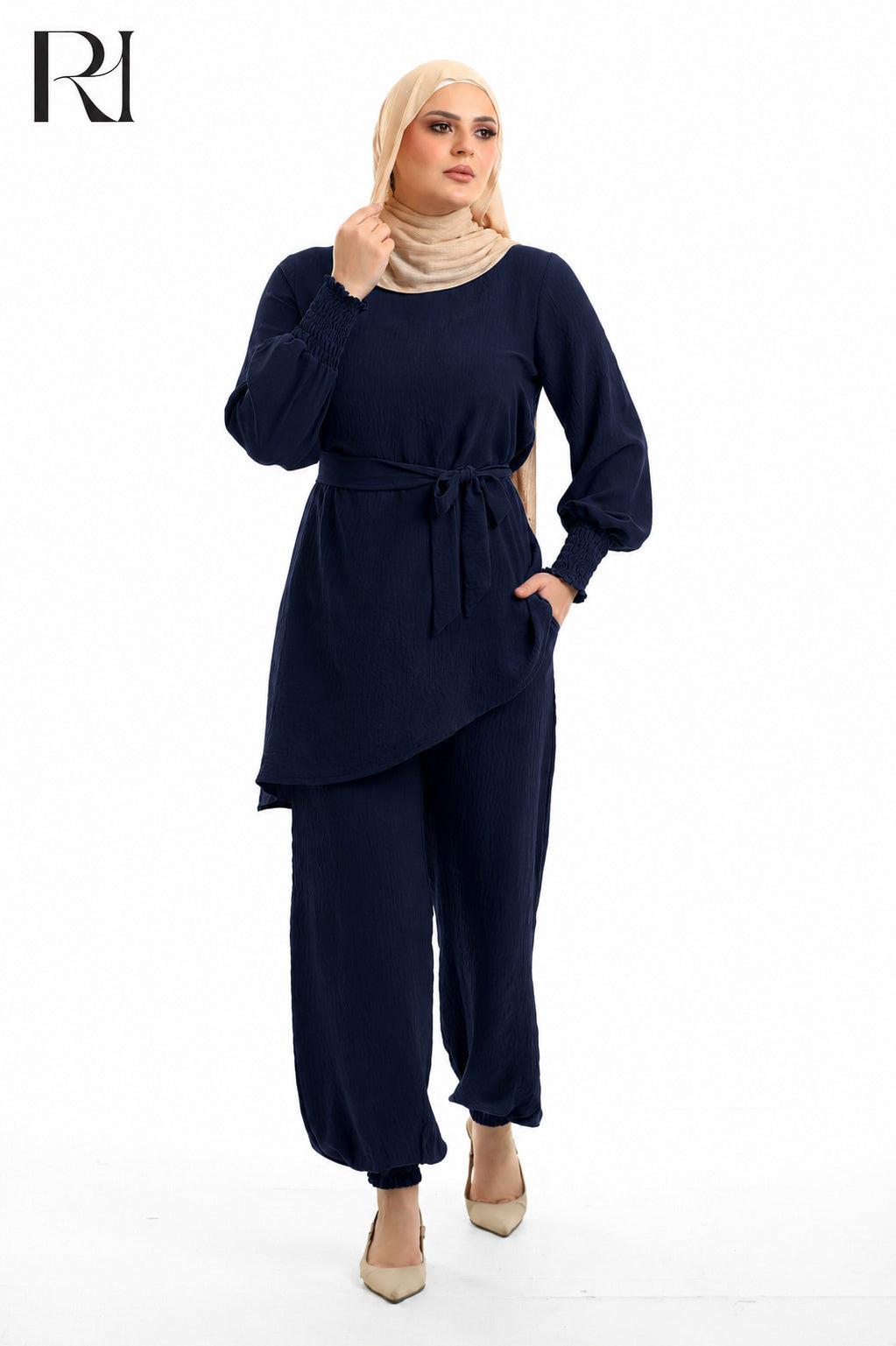 Amal Grace Linen Blend Two Piece Set - Navy