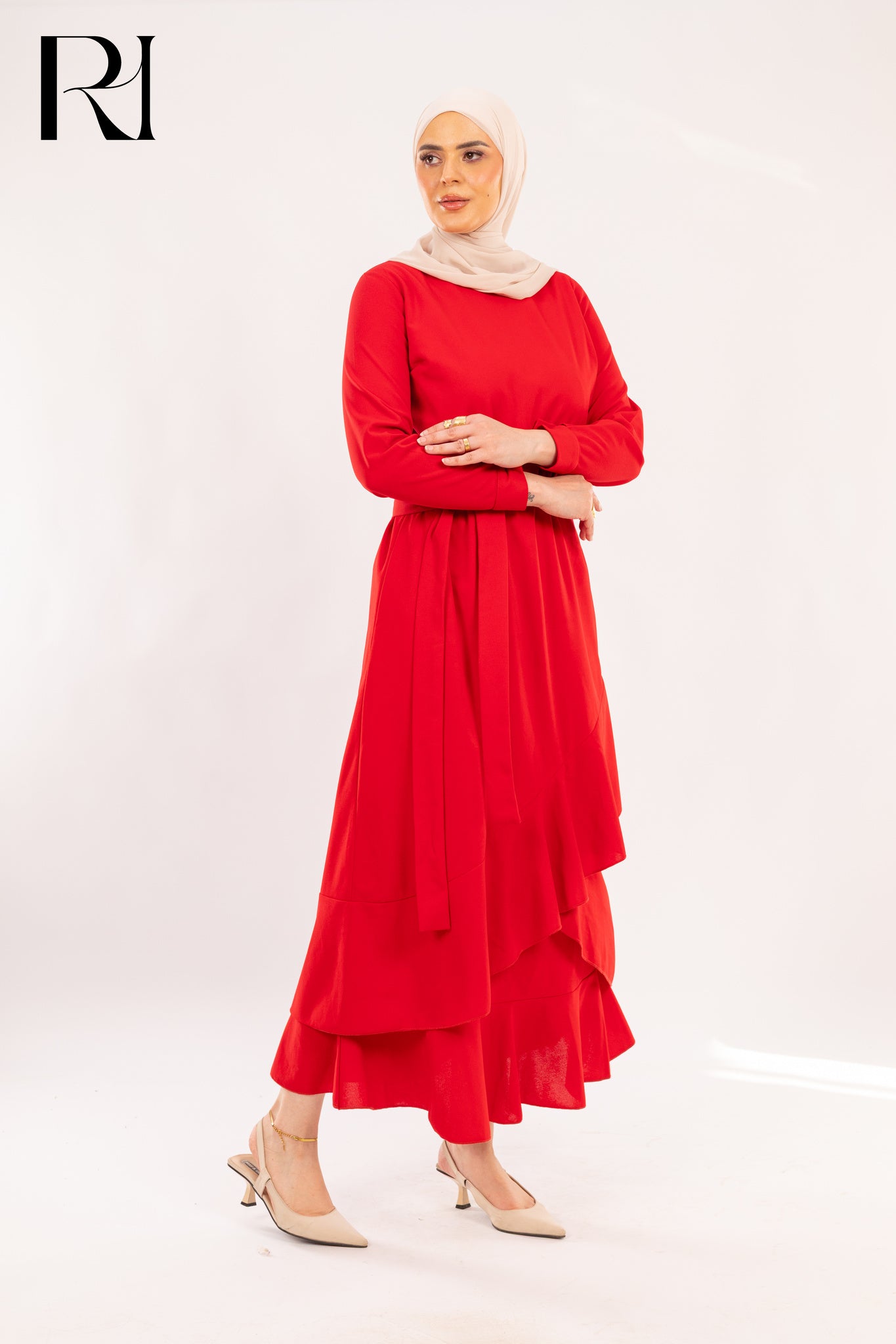 Valentina Scarlet Red Asymmetrical Ruffle Dress - Ruehaya