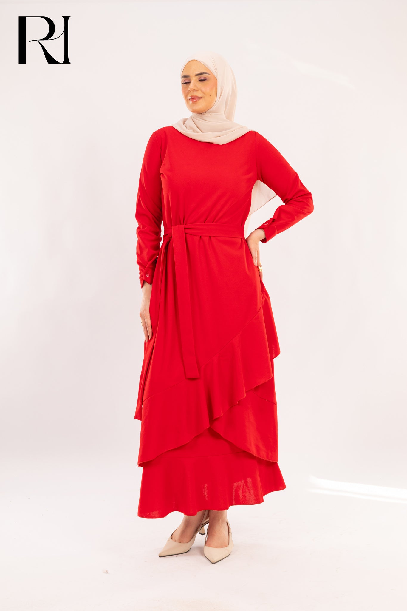 Valentina Scarlet Red Asymmetrical Ruffle Dress - Ruehaya