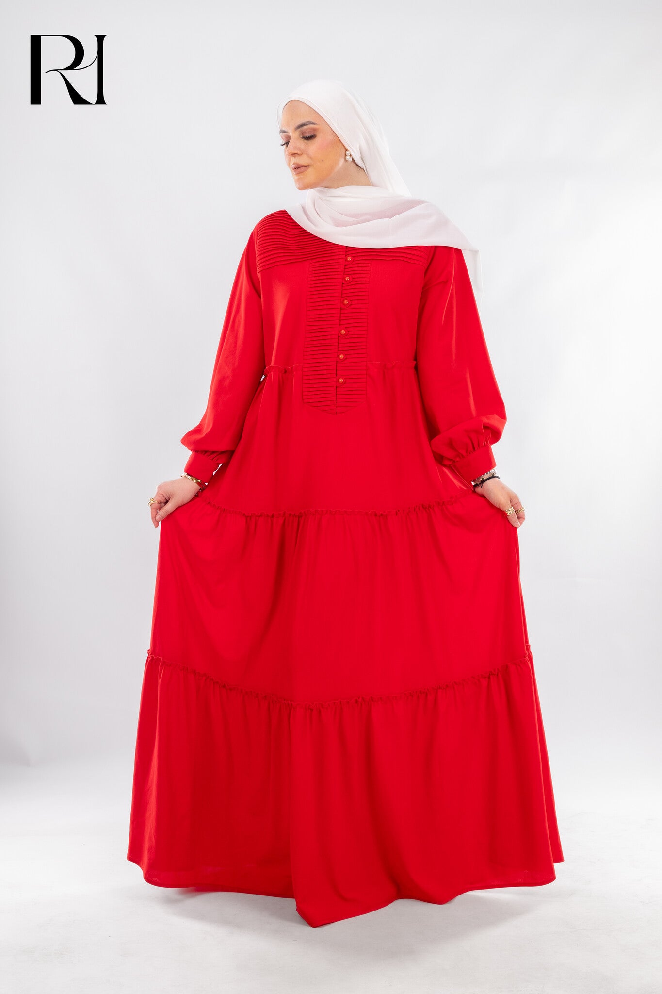 Vibrant Red Modest Maxi Dress - Ruehaya