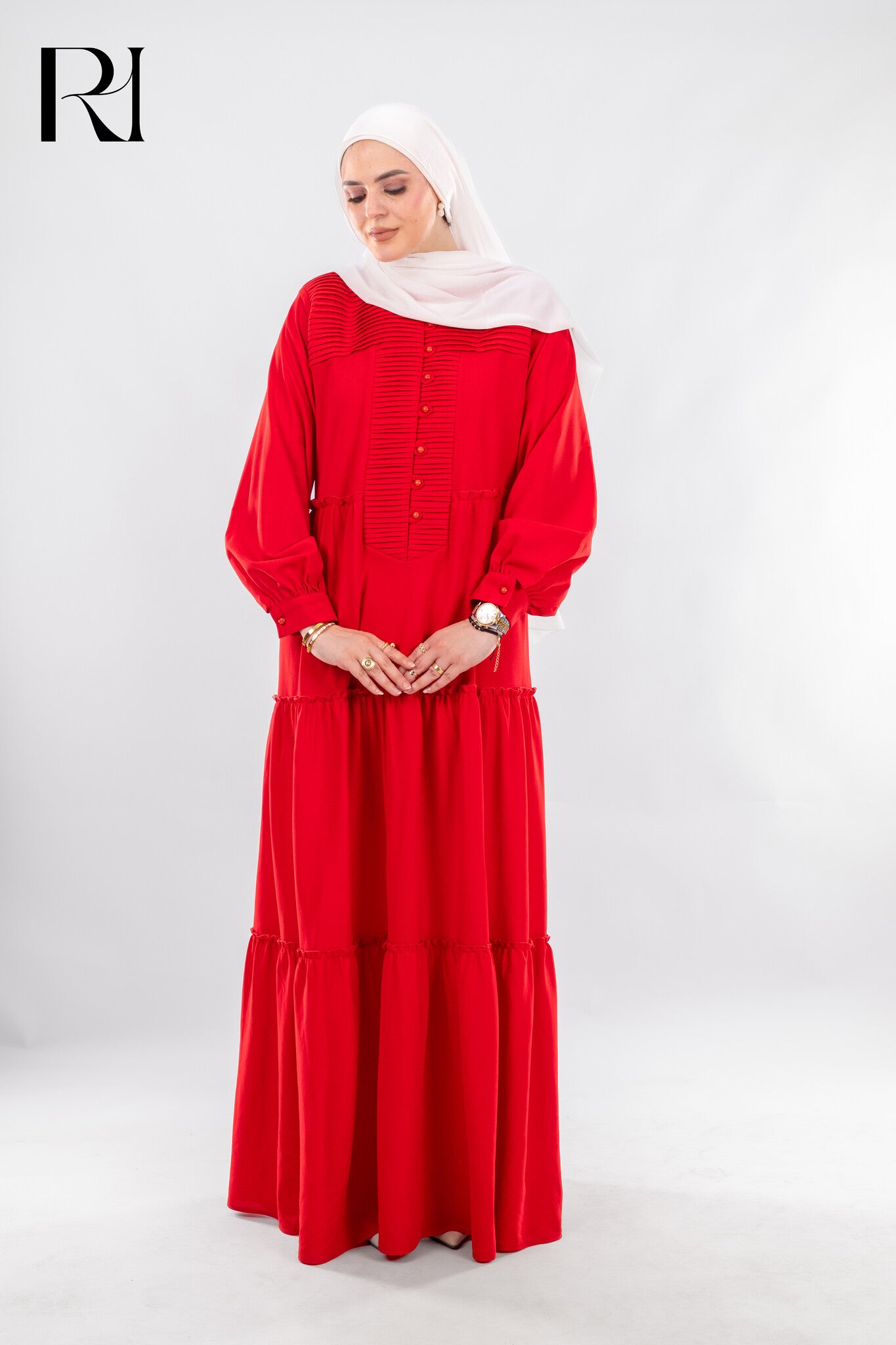 Vibrant Red Modest Maxi Dress - Ruehaya