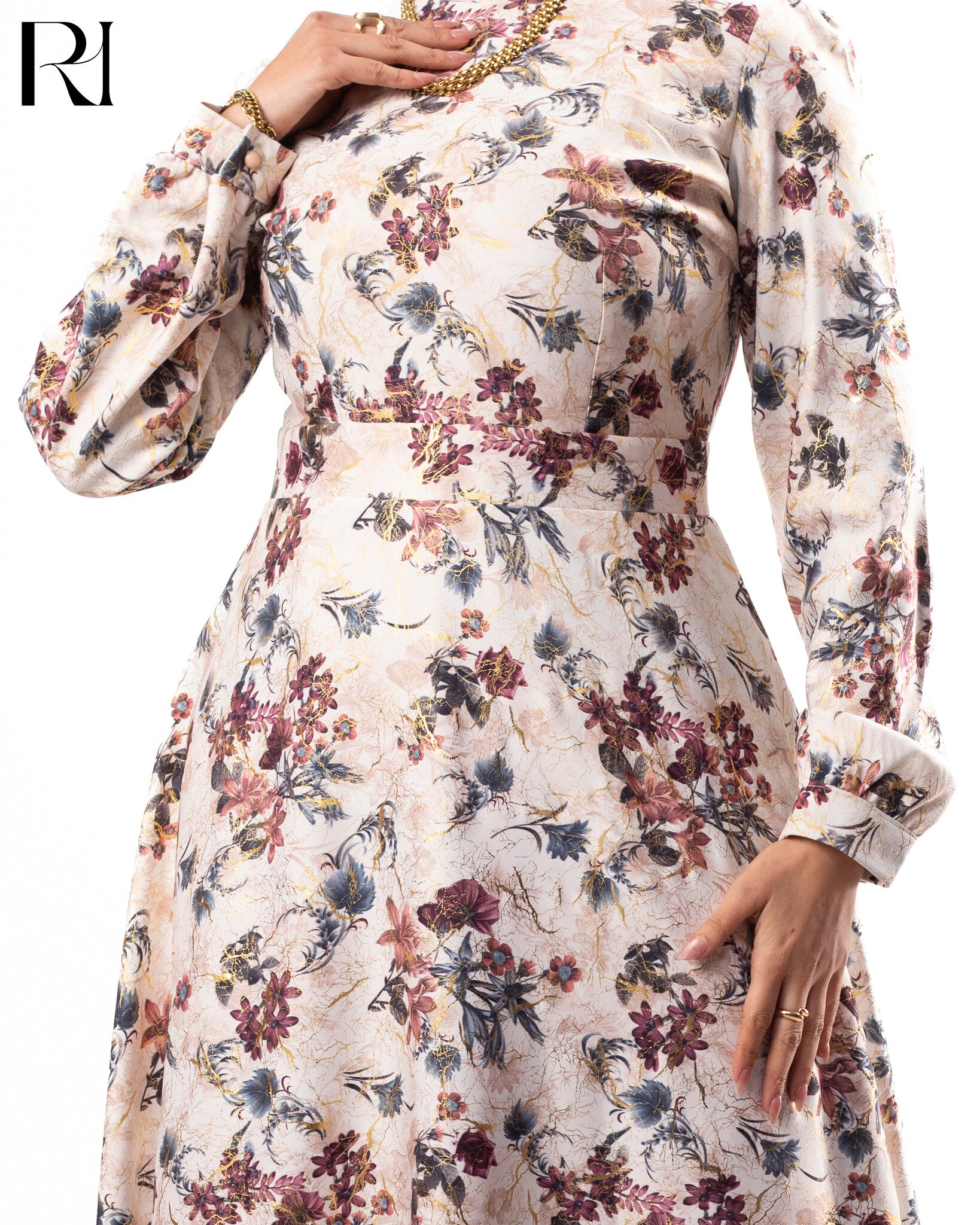 Floral dress with long sleeves on a white background