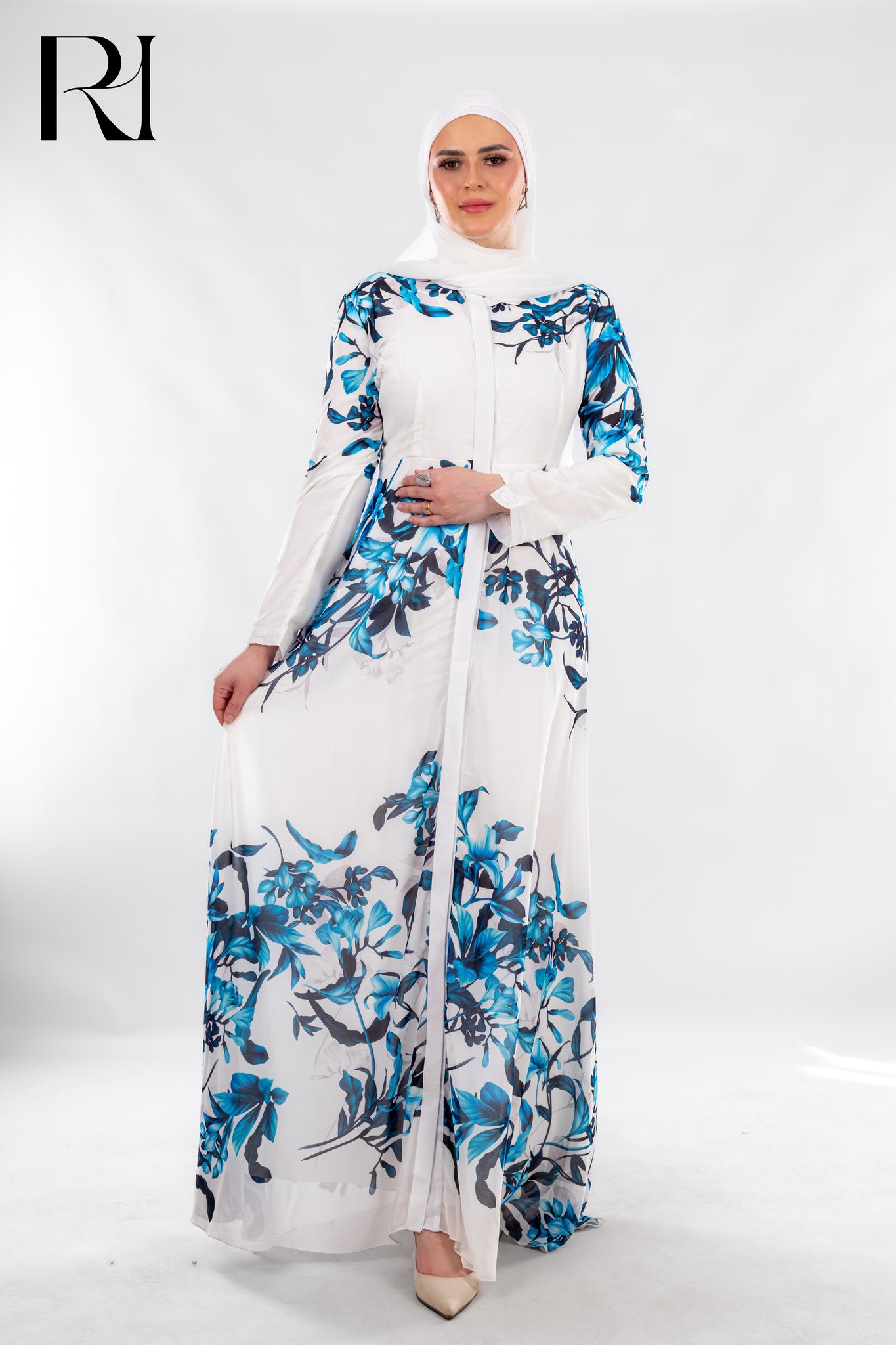 White & Blue Bloom Maxi with Fresh Sophistication - Ruehaya