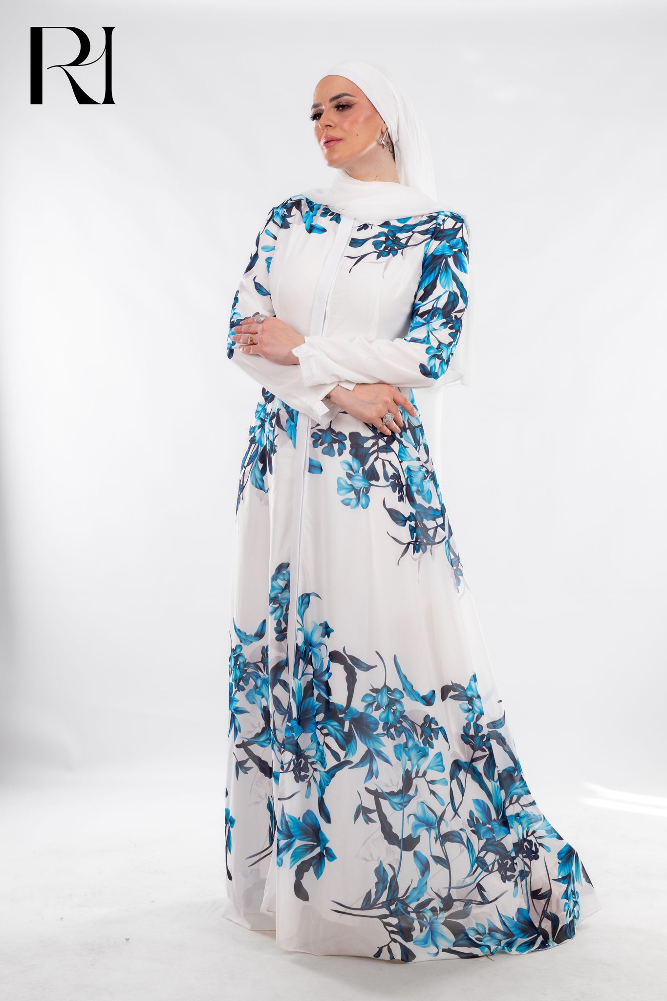 White & Blue Bloom Maxi with Fresh Sophistication - Ruehaya